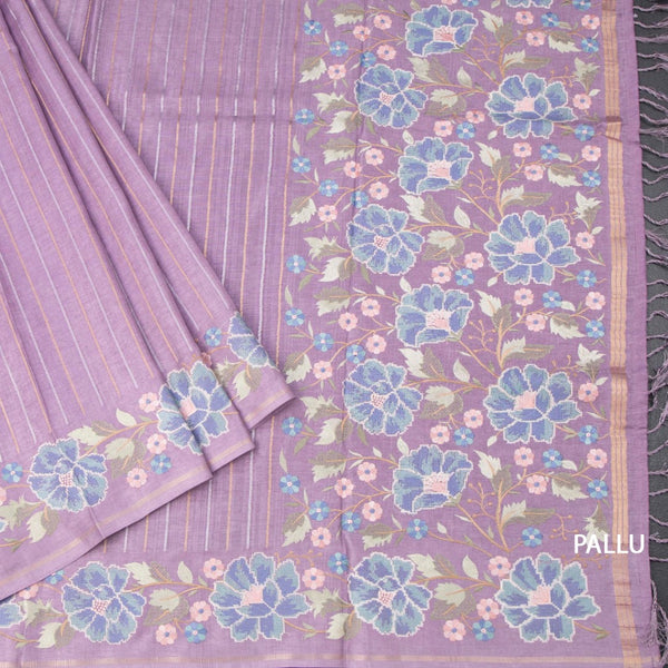 Raw Silk Lavender Zari Stripes Saree And Thread Border