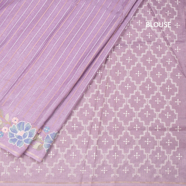 Raw Silk Lavender Zari Stripes Saree And Thread Border