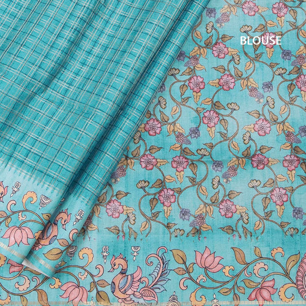 Raw Silk Peacock Blue Zari Checked Saree And Printed Border