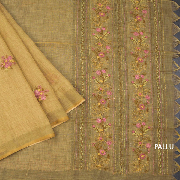 Linen Gold Floral Thread Work Saree