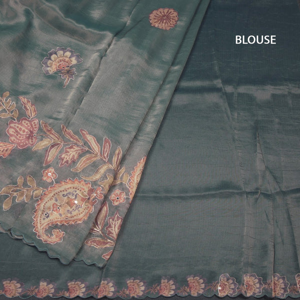 Tissue Sage Green Saree With Painted Zari Thread And Mirror Work