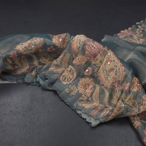 Tissue Sage Green Saree With Painted Zari Thread And Mirror Work