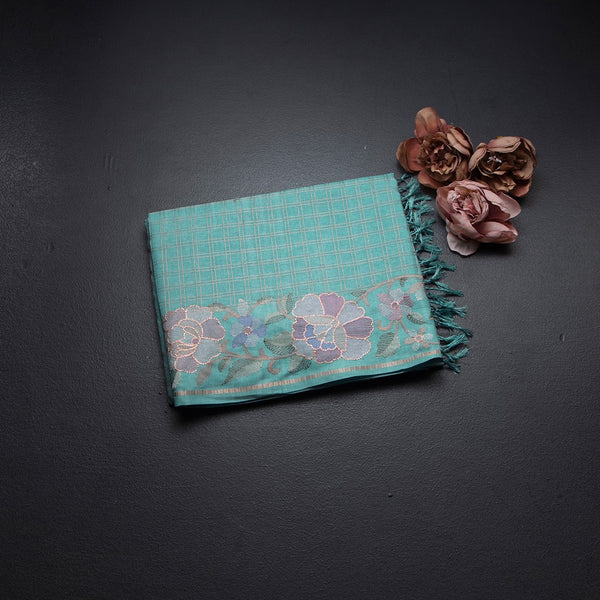 Raw Silk Sky Blue Zari Checked Saree And Floral Thread Border