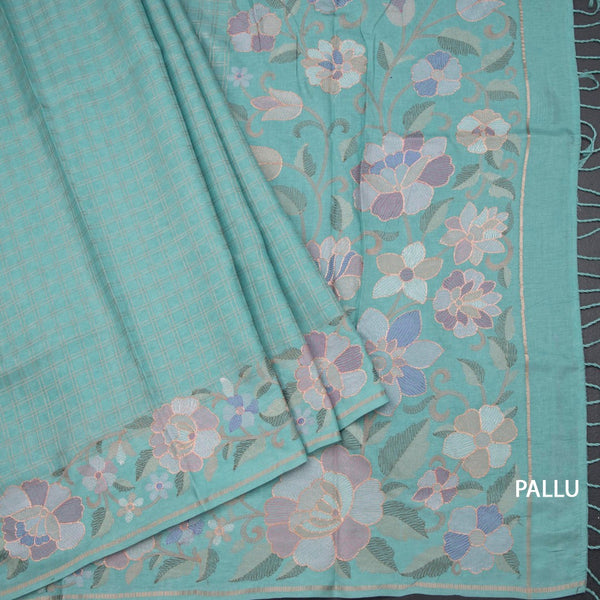 Raw Silk Sky Blue Zari Checked Saree And Floral Thread Border