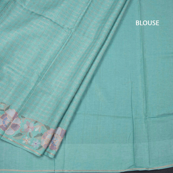 Raw Silk Sky Blue Zari Checked Saree And Floral Thread Border