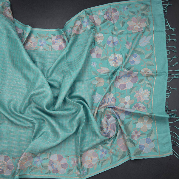 Raw Silk Sky Blue Zari Checked Saree And Floral Thread Border