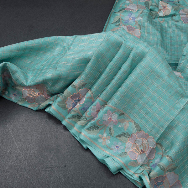 Raw Silk Sky Blue Zari Checked Saree And Floral Thread Border