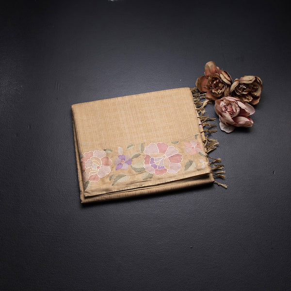 Raw Silk Sandal Zari Checked Saree And Floral Thread Border