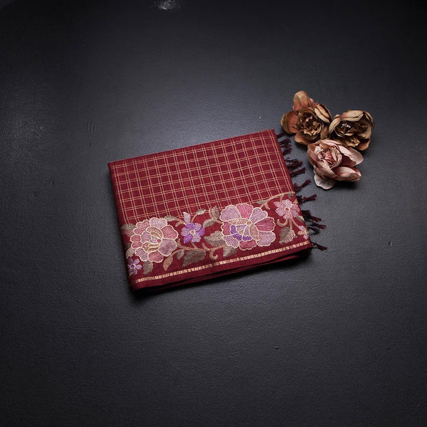 Raw Silk Maroon Zari Checked Saree And Floral Thread Border