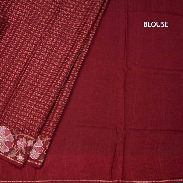 Raw Silk Maroon Zari Checked Saree And Floral Thread Border