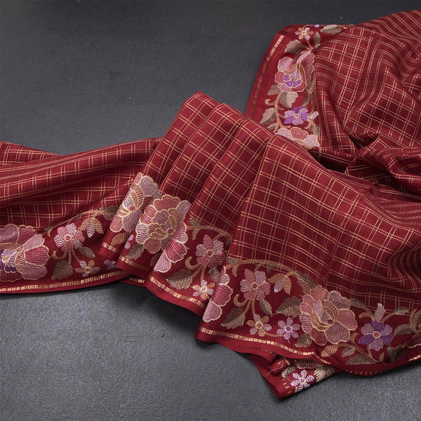 Raw Silk Maroon Zari Checked Saree And Floral Thread Border