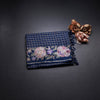 Raw Silk Dark Blue Zari Checked Saree And Floral Thread Border
