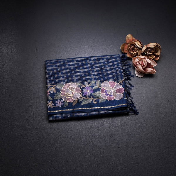 Raw Silk Dark Blue Zari Checked Saree And Floral Thread Border