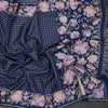 Raw Silk Dark Blue Zari Checked Saree And Floral Thread Border