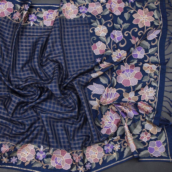Raw Silk Dark Blue Zari Checked Saree And Floral Thread Border