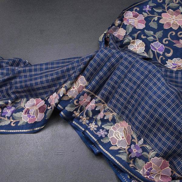 Raw Silk Dark Blue Zari Checked Saree And Floral Thread Border
