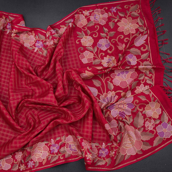 Raw Silk Red Zari Checked Saree And Floral Thread Border