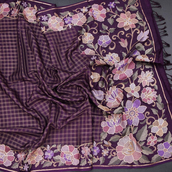 Raw Silk Dark Purple Zari Checked Saree And Floral Thread Border