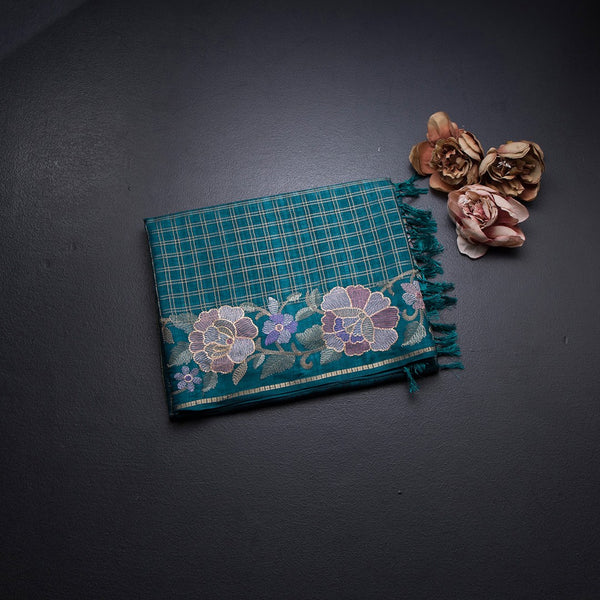 Raw Silk Peacock Green Zari Checked Saree And Floral Thread Border