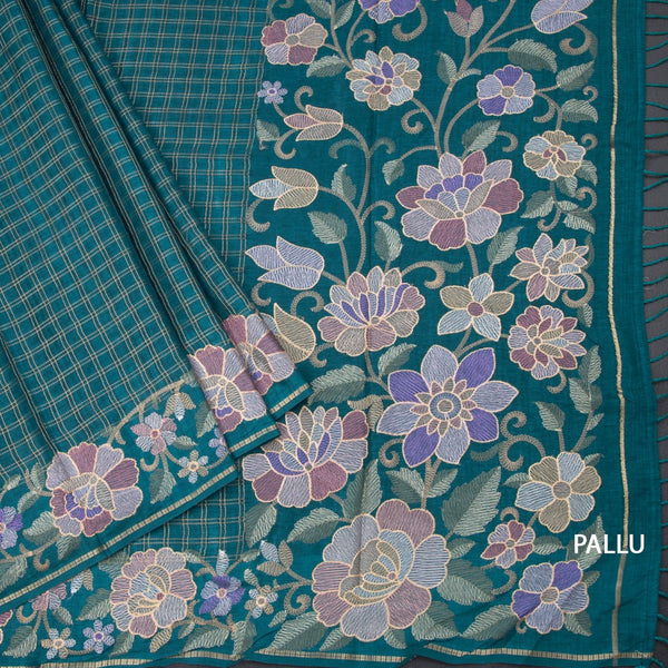 Raw Silk Peacock Green Zari Checked Saree And Floral Thread Border