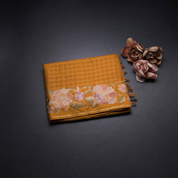Raw Silk Mustard Yellow Zari Checked Saree And Floral Thread Border