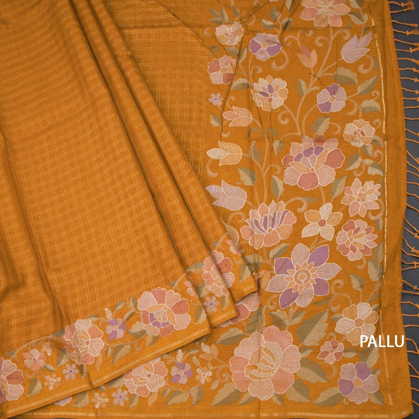 Raw Silk Mustard Yellow Zari Checked Saree And Floral Thread Border