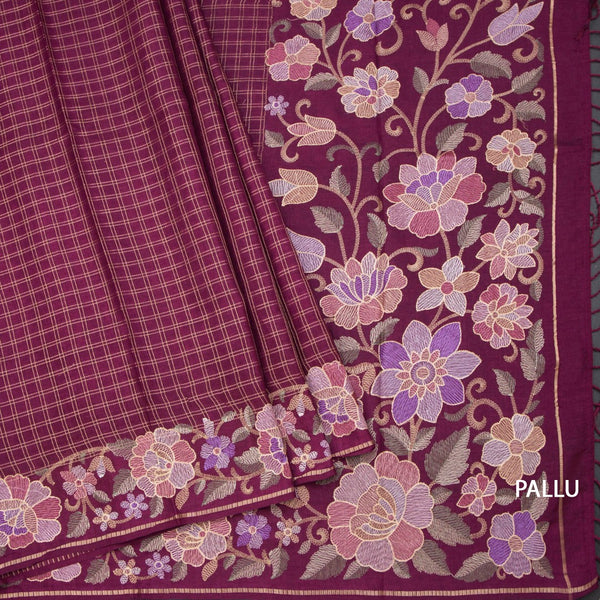Raw Silk Wine Colour Zari Checked Saree And Floral Thread Border