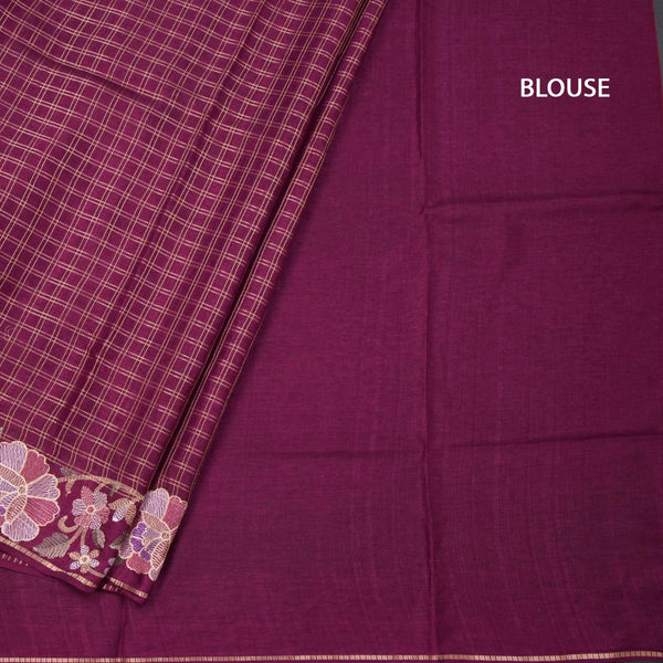 Raw Silk Wine Colour Zari Checked Saree And Floral Thread Border