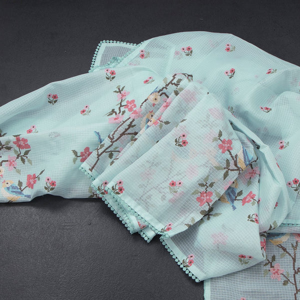 Kota Powder Blue Thread Work Saree In Tree Design