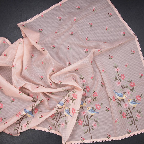 Kota Peach Thread Work Saree In Tree Design