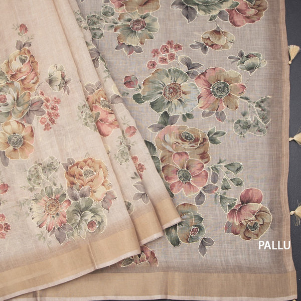 Linen Cream Saree With Floral Painted Sequence Work
