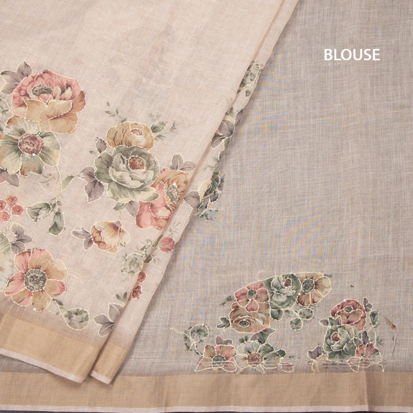 Linen Cream Saree With Floral Painted Sequence Work