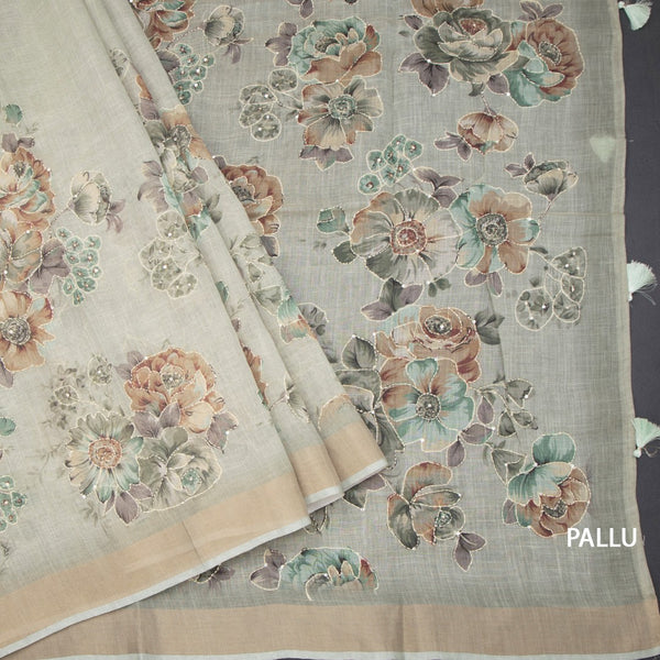 Linen Pista Green Saree With Floral Painted Sequence Work