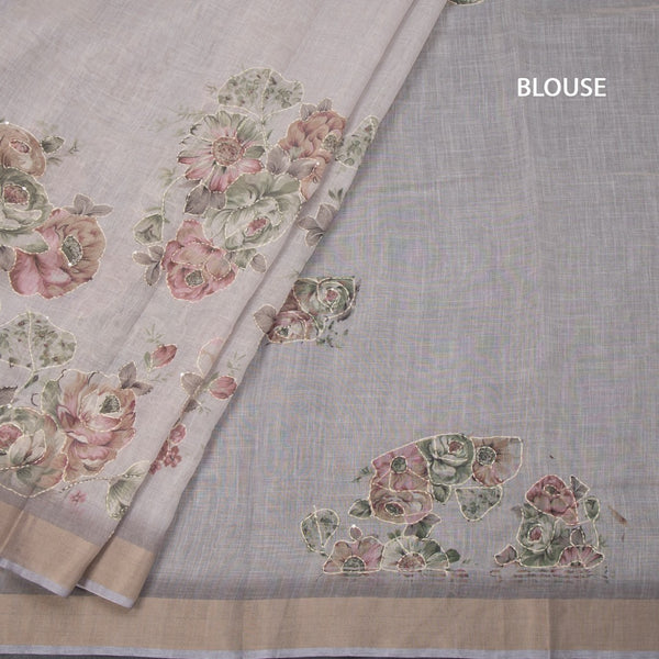 Linen Grey Saree With Floral Painted Sequence Work