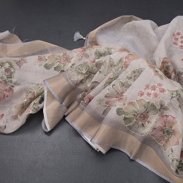 Linen Grey Saree With Floral Painted Sequence Work