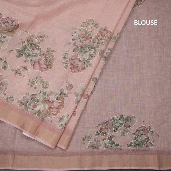 Linen Rose Pink Saree With Floral Painted Sequence Work