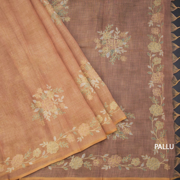 Linen Peach Saree With Painted Zari Thread Work