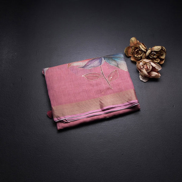 Linen Rose Pink Saree With Floral Painted Sequence Work 02