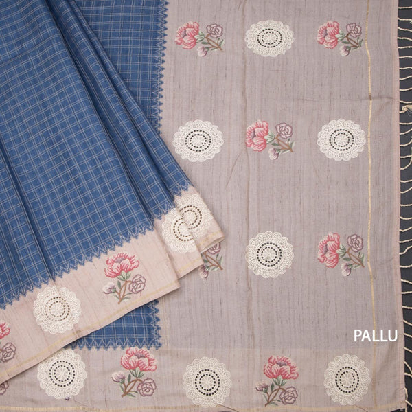 Raw Silk Cobalt Blue Zari Checked Saree And Cut Work Border