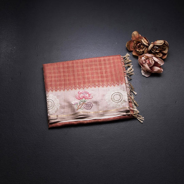 Raw Silk Light Brick Red Zari Checked Saree And Cut Work Border