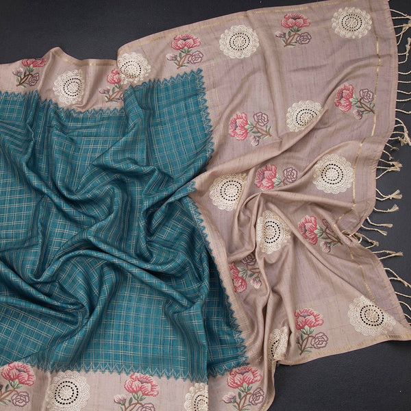 Raw Silk Peacock Blue Zari Checked Saree And Cut Work Border