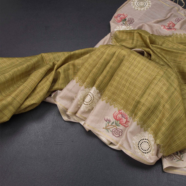 Raw Silk Mehandi Green Zari Checked Saree And Cut Work Border