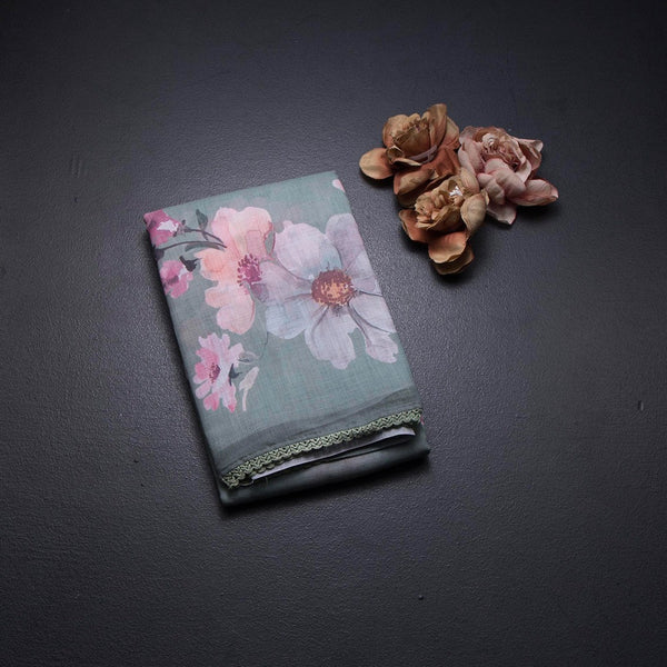 Semi Linen Sage Green Floral Printed Saree