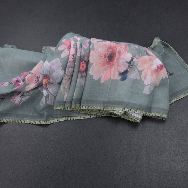 Semi Linen Sage Green Floral Printed Saree