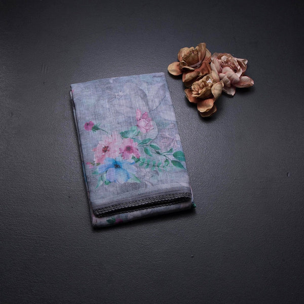 Semi Linen Grey Floral Printed Saree 07