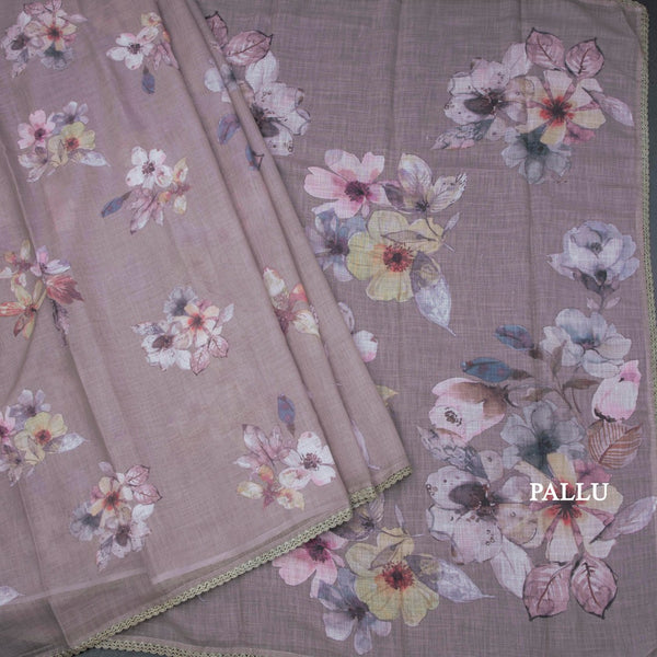 Semi Linen Brown Floral Printed Saree 04