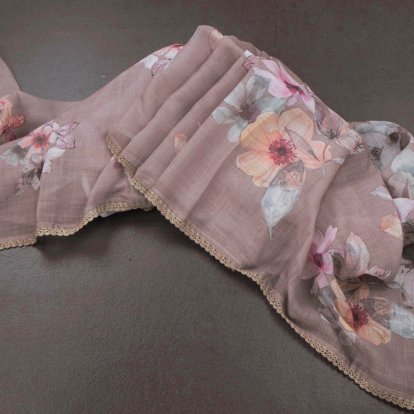 Semi Linen Brown Floral Printed Saree 04