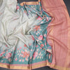 Raw Silk Pista Green Zari Checked With floral Printed Saree And Zari Border