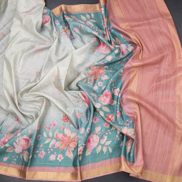 Raw Silk Pista Green Zari Checked With floral Printed Saree And Zari Border