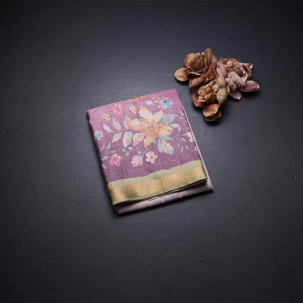 Raw Silk Baby Pink Zari Checked With floral Printed Saree And Zari Border